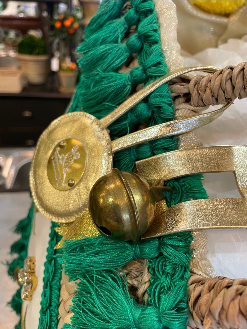 Tizzini x Authentic Provence Woven Straw Tote with Green Fringe and Yellow Poms - Picture 10 of 10